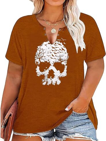 Plus Size Halloween Skull Shirt Women V-Neck Hollow Out Gothic Graphic Horror Tees Loose Short Sleeve T-Shirt Tops in Saudi Arabia