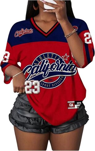 Floerns Women's Plus Size Y2k Number Jersey Shirts V Neck Streetwear Tee Tops in Saudi Arabia