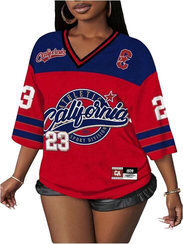 Floerns Women's Plus Size Y2k Number Jersey Shirts V Neck Streetwear Tee Tops in Saudi Arabia