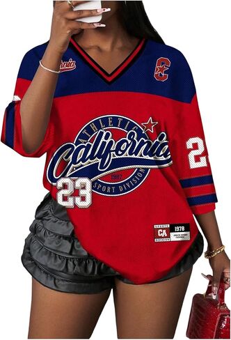 Floerns Women's Plus Size Y2k Number Jersey Shirts V Neck Streetwear Tee Tops in Saudi Arabia