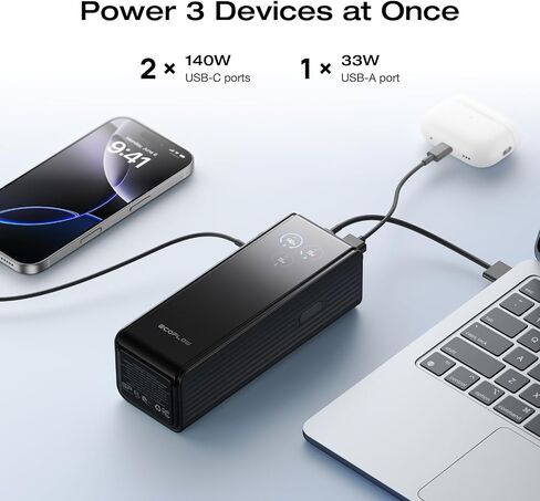 EF ECOFLOW Rapid Power Bank 25,000mAh, 170W Portable Charger with Dual 140W USB-C Ports for Multi-Device Charging, Smart TFT Screen, Compatible with iPhone 17/16/15/14, Samsung, Laptop (Black) in Saudi Arabia
