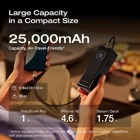 EF ECOFLOW Rapid Power Bank 25,000mAh, 170W Portable Charger with Dual 140W USB-C Ports for Multi-Device Charging, Smart TFT Screen, Compatible with iPhone 17/16/15/14, Samsung, Laptop (Black) in Saudi Arabia