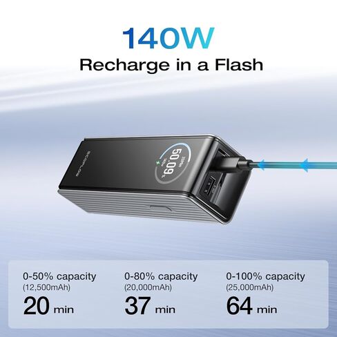 بنك الطاقة السريع EF ECOFLOW بسعة 25,000 مللي أمبير في الساعة، شاحن محمول بقدرة 170 وات مع منافذ USB-C مزدوجة بقدرة 140 وات لشحن الأجهزة المتعددة، شاشة TFT ذكية، متوافق مع iPhone 17/16/15/14 وSamsung والكمبيوتر المحمول (أسود) in Kuwait