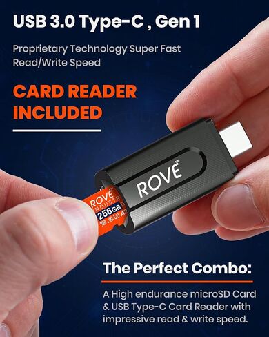 ROVE Industrial 256GB Micro SD Card with USB 3.0 Type C Card Reader, High Endurance microSDXC Memory Card 100MB/s Read Speed, C10, U3, V30, 4K, A2 for Dash Cam, Android Smart Phones, Tablets, Games in Saudi Arabia