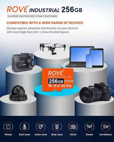 ROVE Industrial 256GB Micro SD Card with USB 3.0 Type C Card Reader, High Endurance microSDXC Memory Card 100MB/s Read Speed, C10, U3, V30, 4K, A2 for Dash Cam, Android Smart Phones, Tablets, Games in Saudi Arabia