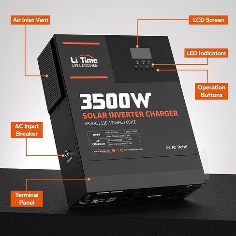 شاحن عاكس للطاقة الشمسية بموجة جيبية نقية 3500 واط من LiTime، محول طاقة شمسية الكل في واحد من 48 فولت تيار مستمر إلى 120 فولت تيار متردد، وحدة تحكم شحن مدمجة 80 أمبير MPPT، لبطارية حمض الرصاص 48 فولت/LiFePO4، تخزين الطاقة المنزلية، خارج الشبكة in Saudi Arabia