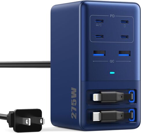 شاحن USB C بقدرة 275 وات مع كابلات مزدوجة قابلة للسحب، كتلة محور شحن سريع 8 في 1 GaN IV مطورة + محول الكمبيوتر المحمول PD QC PPS 65W لأجهزة MacBook Pro/Air، iPad، iPhone 17/Pro، Galaxy S24، Dell إلخ in Kuwait
