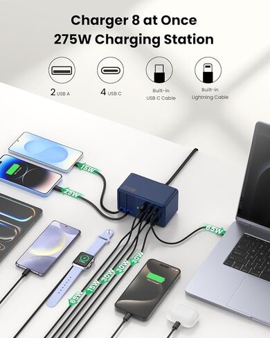 شاحن USB C بقدرة 275 وات مع كابلات مزدوجة قابلة للسحب، كتلة محور شحن سريع 8 في 1 GaN IV مطورة + محول الكمبيوتر المحمول PD QC PPS 65W لأجهزة MacBook Pro/Air، iPad، iPhone 17/Pro، Galaxy S24، Dell إلخ in Kuwait