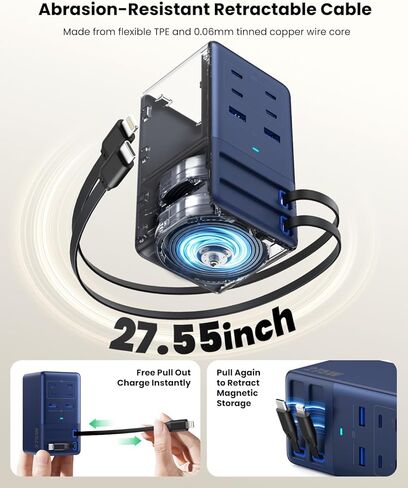 شاحن USB C بقدرة 275 وات مع كابلات مزدوجة قابلة للسحب، كتلة محور شحن سريع 8 في 1 GaN IV مطورة + محول الكمبيوتر المحمول PD QC PPS 65W لأجهزة MacBook Pro/Air، iPad، iPhone 17/Pro، Galaxy S24، Dell إلخ in Kuwait