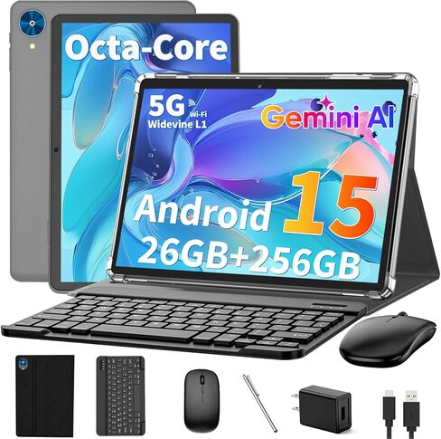 جهاز لوحي Android 15 مع لوحة مفاتيح، ذاكرة وصول عشوائي 26 جيجابايت + ذاكرة تخزين داخلية 256 جيجابايت (توسيع 2 تيرابايت)، جهاز لوحي 10 بوصة مع بطارية 8000 مللي أمبير في الساعة، واي فاي 2.4 جيجا/5 جيجا، BT 5.0، كاميرا مزدوجة 5 ميجابكسل + 13 ميجابكسل، جيميني in Kuwait