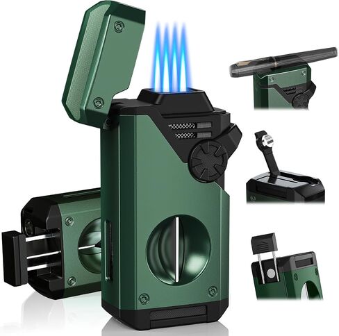 5-in-1 Torch Lighter, 4 Jet Windproof Flame with Built-in Cutter, Holder, Punch, Draw Enhancer Tool, Refillable Butane Torch Lighters, Multi-Functional Accessories, Gifts for Men, Lighters for Candle in Saudi Arabia