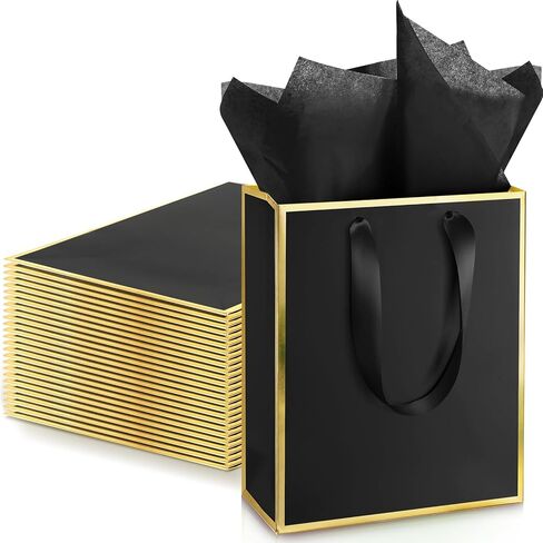 Yeaqee 24 Pack Metallic Paper Gift Bags with Handle and Tissue 9 x 7 x 3.1 Bridesmaid Welcome Gift Bag Thank You Bags for Party Favors for Women Men Fall Party Bridal Shower(Black and Gold) in Saudi Arabia