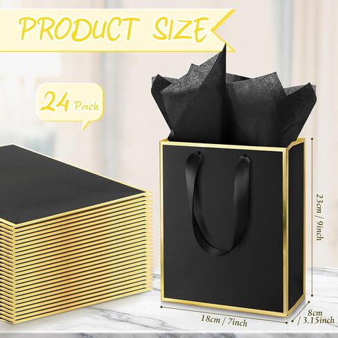 Yeaqee 24 Pack Metallic Paper Gift Bags with Handle and Tissue 9 x 7 x 3.1 Bridesmaid Welcome Gift Bag Thank You Bags for Party Favors for Women Men Fall Party Bridal Shower(Black and Gold) in Saudi Arabia
