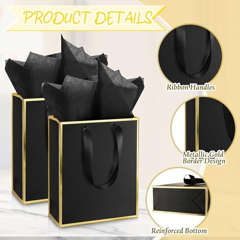 Yeaqee 24 Pack Metallic Paper Gift Bags with Handle and Tissue 9 x 7 x 3.1 Bridesmaid Welcome Gift Bag Thank You Bags for Party Favors for Women Men Fall Party Bridal Shower(Black and Gold) in Saudi Arabia