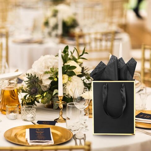 Yeaqee 24 Pack Metallic Paper Gift Bags with Handle and Tissue 9 x 7 x 3.1 Bridesmaid Welcome Gift Bag Thank You Bags for Party Favors for Women Men Fall Party Bridal Shower(Black and Gold) in Saudi Arabia