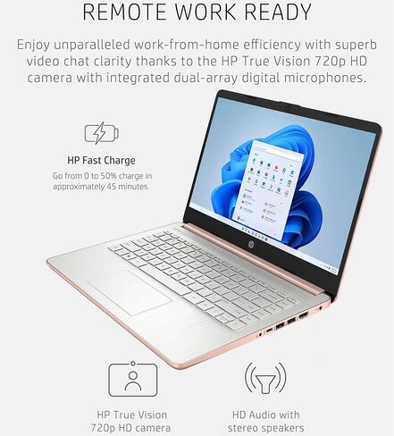 كمبيوتر محمول HP بشاشة لمس 14 بوصة للطلاب في المنزل، مكتب 365 لمدة عام، معالج Intel، ذاكرة الوصول العشوائي 16 جيجابايت، 256 جيجابايت PCIe SSD، WiFi 6، بلوتوث 5.4، النوع C، HDMI، ذهبي وردي شاحب، Windows 11 S in Saudi Arabia