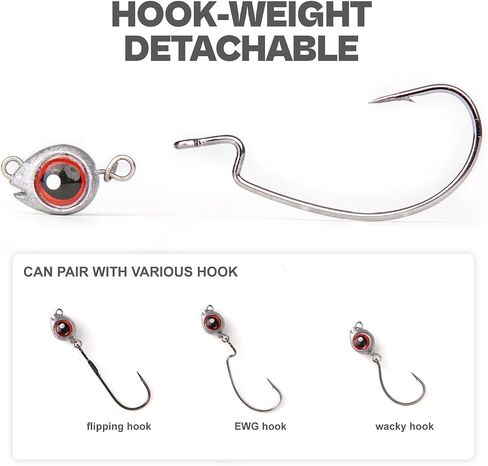 15-Sets Detachable Fish Head Swimbait Jig Heads - Weedless EWG Hooks Kit for Fishing (15 Fish Eye Weights + 15 Hooks) in Saudi Arabia