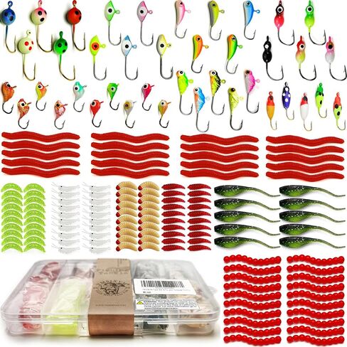 Ice Fishing Jigs Lures, 180, 170, 160Pcs Glow Micro Winter Jig Heads Hooks Soft Plastic Worm Baits kit for Crappie Walleye Panfish, Ice Fishing Gear Equipment Tackle Accessories in Saudi Arabia