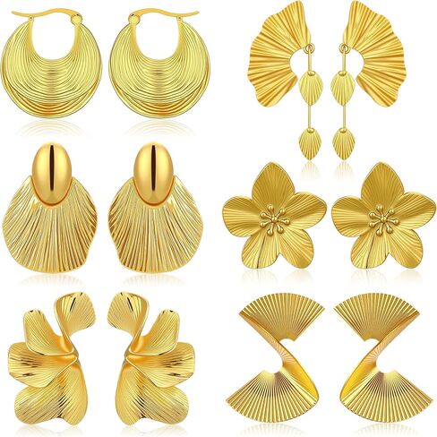 6 Pairs Gold Statement Earrings Set for Women Golden Large Chunky Flower Jewelry Summer Boho Dangle Drop Earrings Exaggerated Vintage Wedding Accessories Birthday Evening Party Fashion Gifts in Saudi Arabia