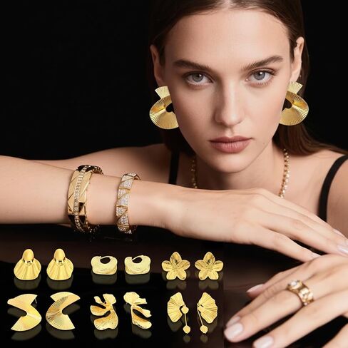6 Pairs Gold Statement Earrings Set for Women Golden Large Chunky Flower Jewelry Summer Boho Dangle Drop Earrings Exaggerated Vintage Wedding Accessories Birthday Evening Party Fashion Gifts in Saudi Arabia
