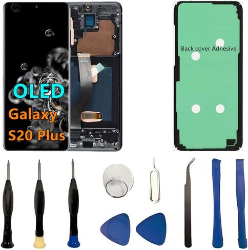 OLED Galaxy S20 Plus LCD Screen Replacement for Samsung Galaxy S20 Plus 5G Display Touch Screen Digitizer Assembly SM-G986U SM-G986U1 Support Fingerprint. (with Black Frame+Back Cover Adhesive+Tools) in Saudi Arabia
