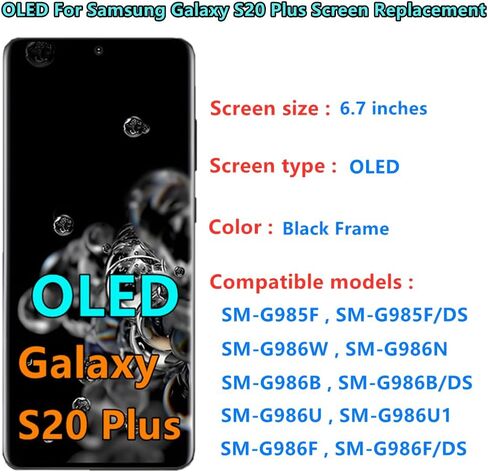 OLED Galaxy S20 Plus LCD Screen Replacement for Samsung Galaxy S20 Plus 5G Display Touch Screen Digitizer Assembly SM-G986U SM-G986U1 Support Fingerprint. (with Black Frame+Back Cover Adhesive+Tools) in Saudi Arabia