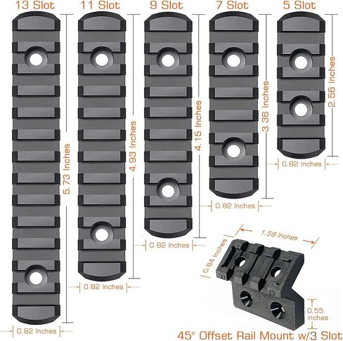 Picatinny Rail 3,5,7,9,11,13-Slot for Mlok, CG Gears Polymer Rails Section Plus Offset Flashlight Mount with T-Nuts, Screws & Allen Wrench in Saudi Arabia