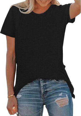 تي شيرت نسائي أساسي برقبة دائرية من BLACKOO بلون موحد وأكمام قصيرة صيفية in Kuwait