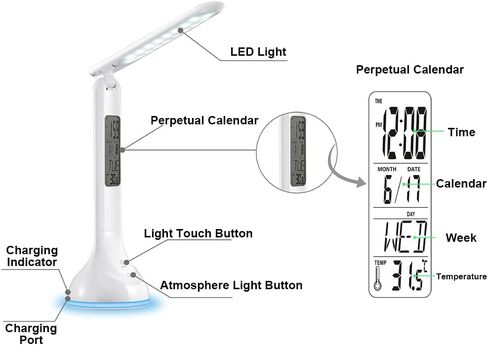 IHAO 7-Color Gradient Ambient Desk Lamp with LED Display Eye-Caring LED Table Lamp with Calendar, Temperature Display, Multi-Angle Adjustable Modern Office Lamp for Home & Office T19A White in Kuwait