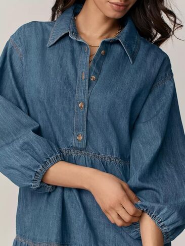 Women Denim Mini Dress 2025 Fall Casual 3/4 Puff Sleeve Button Down Collared Babydoll Loose Jean Shirt Dresses in Kuwait