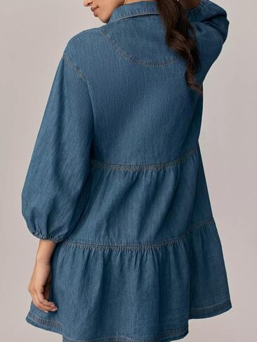 Women Denim Mini Dress 2025 Fall Casual 3/4 Puff Sleeve Button Down Collared Babydoll Loose Jean Shirt Dresses in Kuwait