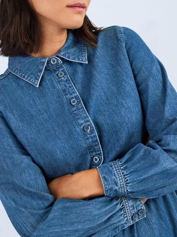 Women Denim Mini Dress 2025 Fall Casual 3/4 Puff Sleeve Button Down Collared Babydoll Loose Jean Shirt Dresses in Kuwait