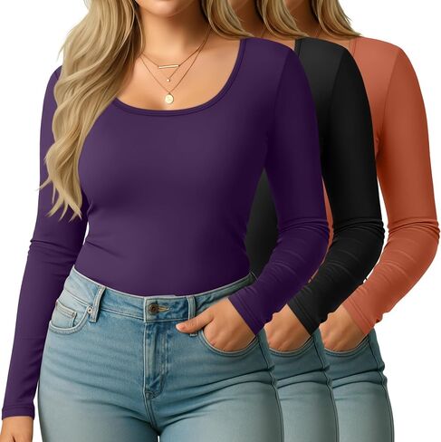 3 Packs Women Plus Size Tops Shirt Cotton Long Sleeve Scoop Neck T Shirts Slim Fit U Neck Comfy Casual Basic Tees in Saudi Arabia