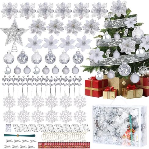 59PCS 6 Style Poinsettia Flowers Artificial Christmas Tree Decorations White Christmas Ornaments with Berry Stems Snowflakes Cards for Wreath Fireplace Stairs Xmas Tree Decor in Saudi Arabia