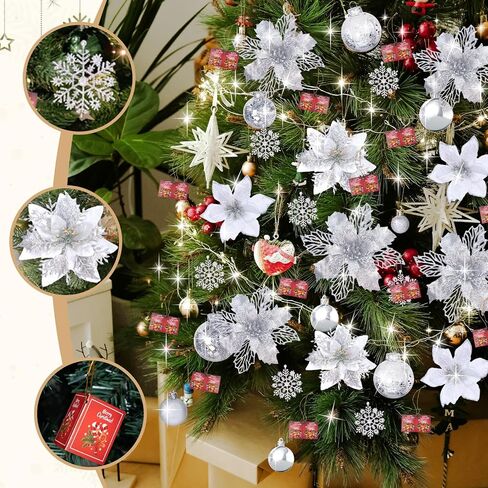 59PCS 6 Style Poinsettia Flowers Artificial Christmas Tree Decorations White Christmas Ornaments with Berry Stems Snowflakes Cards for Wreath Fireplace Stairs Xmas Tree Decor in Saudi Arabia