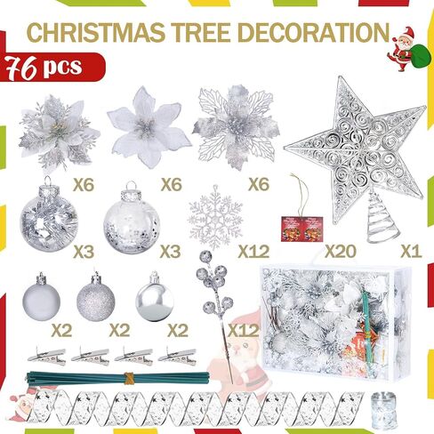 59PCS 6 Style Poinsettia Flowers Artificial Christmas Tree Decorations White Christmas Ornaments with Berry Stems Snowflakes Cards for Wreath Fireplace Stairs Xmas Tree Decor in Saudi Arabia