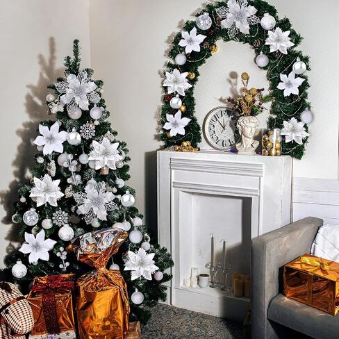 59PCS 6 Style Poinsettia Flowers Artificial Christmas Tree Decorations White Christmas Ornaments with Berry Stems Snowflakes Cards for Wreath Fireplace Stairs Xmas Tree Decor in Saudi Arabia