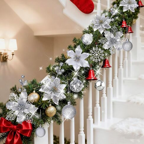 59PCS 6 Style Poinsettia Flowers Artificial Christmas Tree Decorations White Christmas Ornaments with Berry Stems Snowflakes Cards for Wreath Fireplace Stairs Xmas Tree Decor in Saudi Arabia