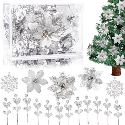 59PCS 6 Style Poinsettia Flowers Artificial Christmas Tree Decorations White Christmas Ornaments with Berry Stems Snowflakes Cards for Wreath Fireplace Stairs Xmas Tree Decor in Saudi Arabia