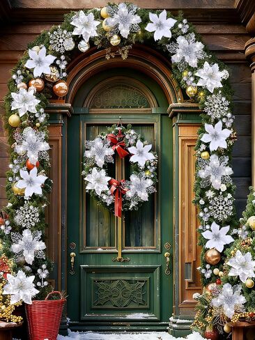 59PCS 6 Style Poinsettia Flowers Artificial Christmas Tree Decorations White Christmas Ornaments with Berry Stems Snowflakes Cards for Wreath Fireplace Stairs Xmas Tree Decor in Saudi Arabia