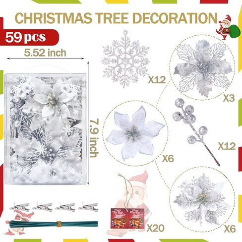 59PCS 6 Style Poinsettia Flowers Artificial Christmas Tree Decorations White Christmas Ornaments with Berry Stems Snowflakes Cards for Wreath Fireplace Stairs Xmas Tree Decor in Saudi Arabia