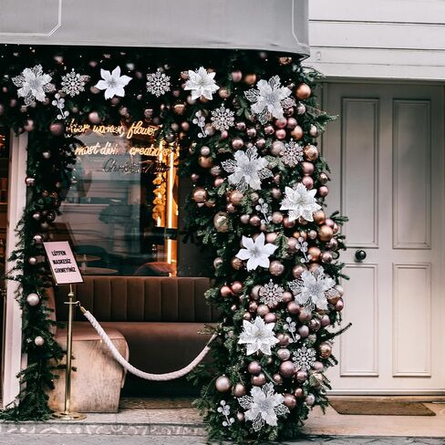 59PCS 6 Style Poinsettia Flowers Artificial Christmas Tree Decorations White Christmas Ornaments with Berry Stems Snowflakes Cards for Wreath Fireplace Stairs Xmas Tree Decor in Saudi Arabia