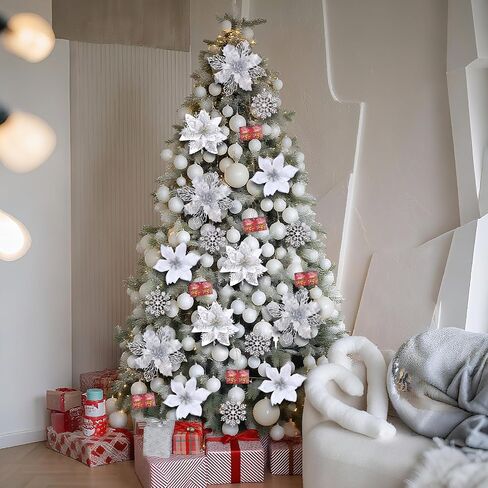 59PCS 6 Style Poinsettia Flowers Artificial Christmas Tree Decorations White Christmas Ornaments with Berry Stems Snowflakes Cards for Wreath Fireplace Stairs Xmas Tree Decor in Saudi Arabia