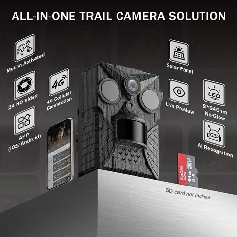 Cellular Trail Camera, [Next-Gen] Built-in SIM Card 4G LTE Live Game Camera 2K HD Videos with Sound, 0.2S Trigger No-Glow IR Night Vision, 5W Solar Powered Trail Cam 10,000 mAh Battery IP66 in Saudi Arabia