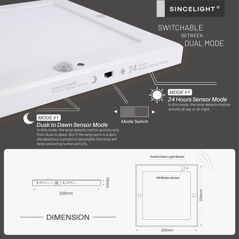 SINCELIGHT PIR Motion Sensor 18W LED Ceiling Light (Φ9''/220mm), Automatically ON/Off, Movement Activated, Dual Mode Turnable, Neutral White 4000K, Surface/Flush Mount for Hallway,Porch, Pack of 1 in Saudi Arabia