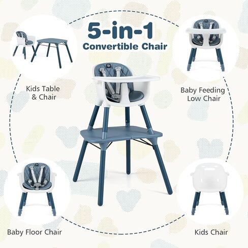 BABY JOY 5 in 1 Convertible High Chair, Infant Dining Chair Booster Seat with Removable Tray, 5-Point Harness, Detachable PU Leather Cushion, Highchair for Babies and Toddlers of 6-36 Months, Gray in Kuwait