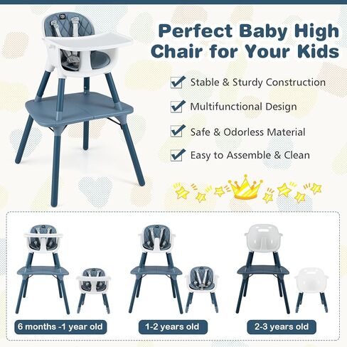 BABY JOY 5 in 1 Convertible High Chair, Infant Dining Chair Booster Seat with Removable Tray, 5-Point Harness, Detachable PU Leather Cushion, Highchair for Babies and Toddlers of 6-36 Months, Gray in Kuwait