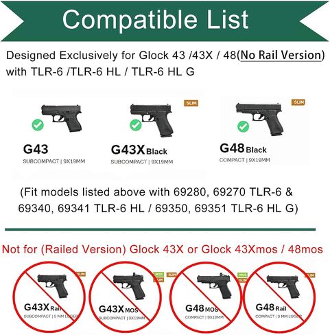 WARRIORLAND IWB Kydex Holster, Compatible with (No Railed/NO MOS Version) Glock 43 /43X / 48 with TLR-6 / TLR-6 HL/TLR-6 HL G Light, Adj. Cant & Retention, Right- / Left-Hand Option in Saudi Arabia