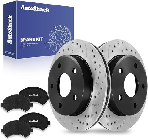 AutoShack Front Drilled & Slotted Brake Rotors Ceramic Brake Pads | Replacement for 2005-2011 Ram Dakota 2006-2009 Mitsubishi Raider 3.7L 4WD AWD RWD | E-Coated | 6-PC Brake Kit | ShadowGuard in Saudi Arabia