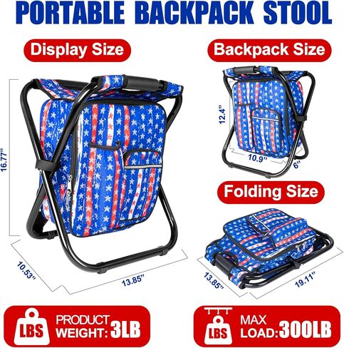 Kikerike Backpack Stool Cooler Chair Heavy Duty 300 LBS Max Load Portable Lightweight Folding Fishing Cooler for Camping Hunting Fishing - Black in Kuwait